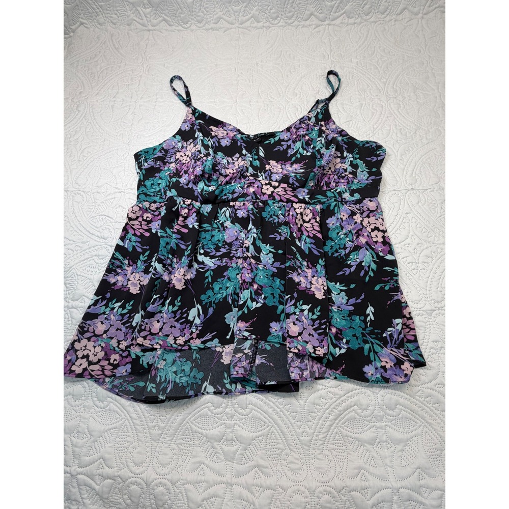 Torrid Women Size 3 Floral Babydoll Cami Top Smocked Back Adjustable Strap Black